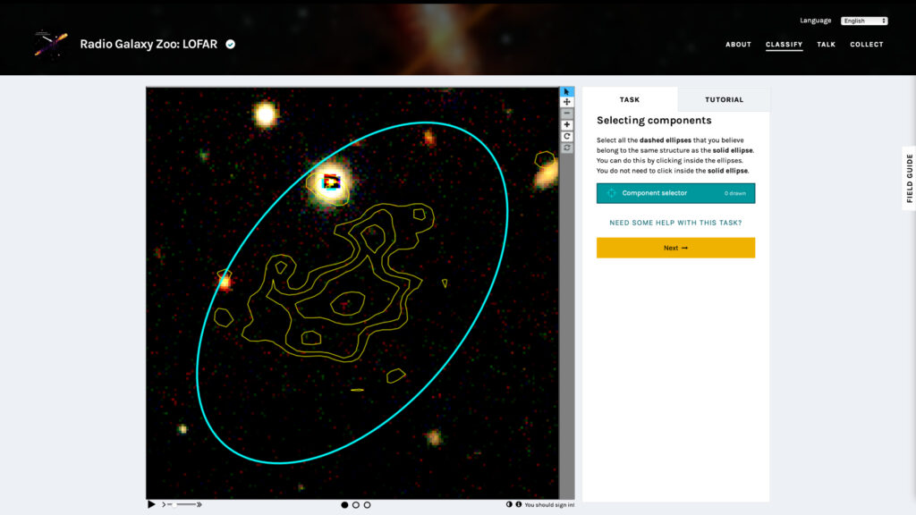 Un projet participatif pour détecter des trous noirs. // Source : Capture d'écran Radio Galaxy Zoo: LOFAR Un projet participatif pour détecter des trous noirs. // Source : Capture d'écran Radio Galaxy Zoo: LOFAR
