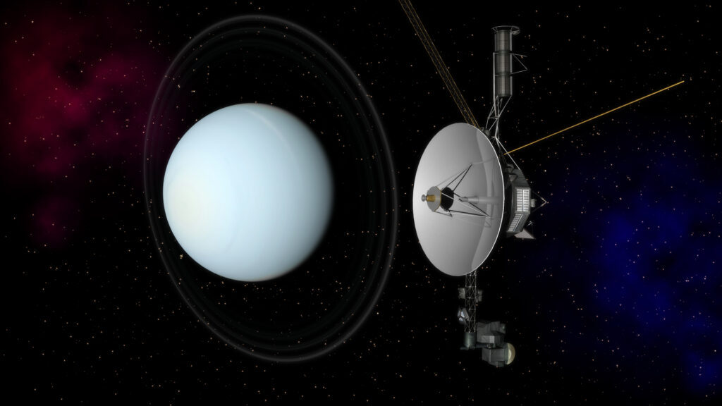 Vue d'artiste d'Uranus et d'une sonde Voyager. // Source : Flickr/CC/Kevin Gill Vue d'artiste d'Uranus et d'une sonde Voyager. // Source : Flickr/CC/Kevin Gill