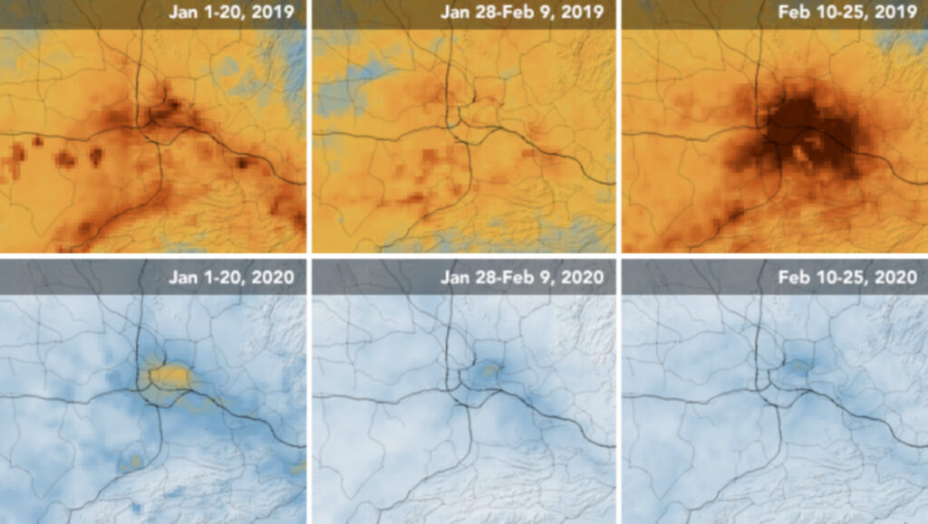 Évolution de la concentration dioxyde d'azote (NO²) du 1er Janvier au 25 février 2020. Code couleur : le bleu vers le rouge indique la densité troposphérique de NO² dans l'atmosphère (dont plus les couleurs sont chaudes, plus c'est présent). // Source : Joshua Stevens / Nasa / ESA