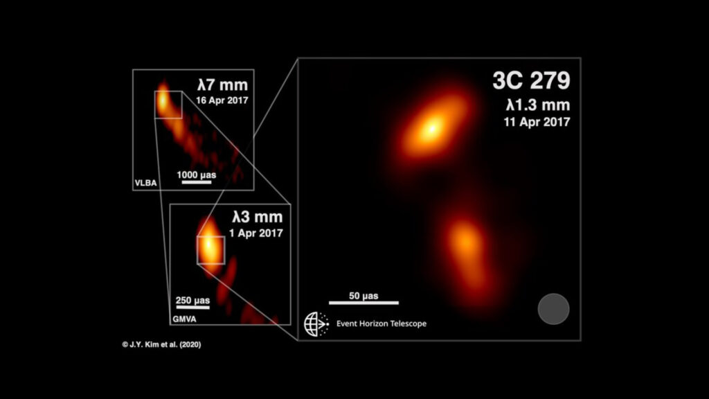 Les images du jet émis par le quasar 3C 279. // Source : J.Y. Kim (MPIfR), Boston University Blazar program, and the EHT Collaboration. (photo recadrée) Les images du jet émis par le quasar 3C 279. // Source : J.Y. Kim (MPIfR), Boston University Blazar program, and the EHT Collaboration. (photo recadrée)