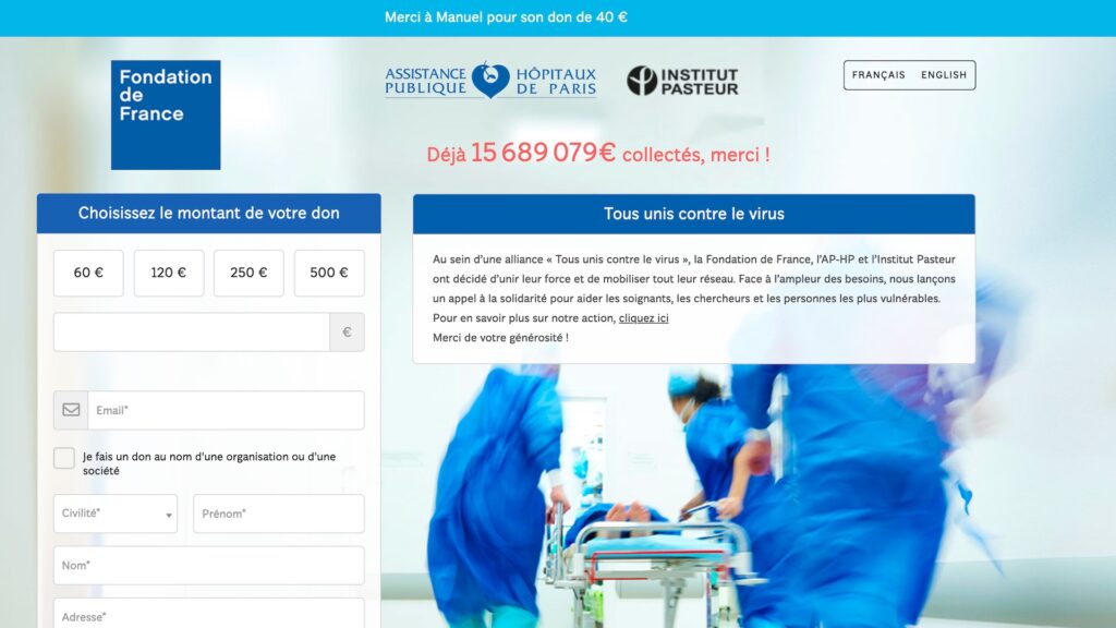 Huit liens renvoient vers la page de dons de la Fondation de France, de l'AP-HP et de l'Institut Pasteur. // Source : Capture d'écran Numerama Huit liens renvoient vers la page de dons de la Fondation de France, de l'AP-HP et de l'Institut Pasteur. // Source : Capture d'écran Numerama