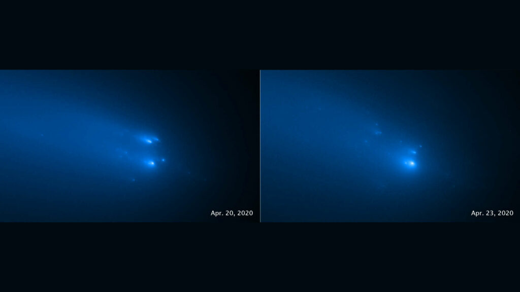 Hubble a photographié la comète les 20 et 23 avril 2020. // Source : NASA, ESA, STScI and D. Jewitt (UCLA) (photo recadrée) Hubble a photographié la comète les 20 et 23 avril 2020. // Source : NASA, ESA, STScI and D. Jewitt (UCLA) (photo recadrée)