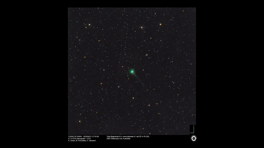 La comète C/2020 F8 (SWAN) le 11 avril 2020. // Source : E. Guido, M. Rocchetto, A. Valvasori (photo recadrée) La comète C/2020 F8 (SWAN) le 11 avril 2020. // Source : E. Guido, M. Rocchetto, A. Valvasori (photo recadrée)