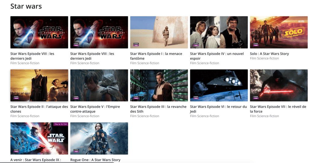 La quasi-totalité des films de la requête Star Wars sont à acheter en plus de l'abonnement // Source : Capture d'écran Numerama La quasi-totalité des films de la requête Star Wars sont à acheter en plus de l'abonnement // Source : Capture d'écran Numerama