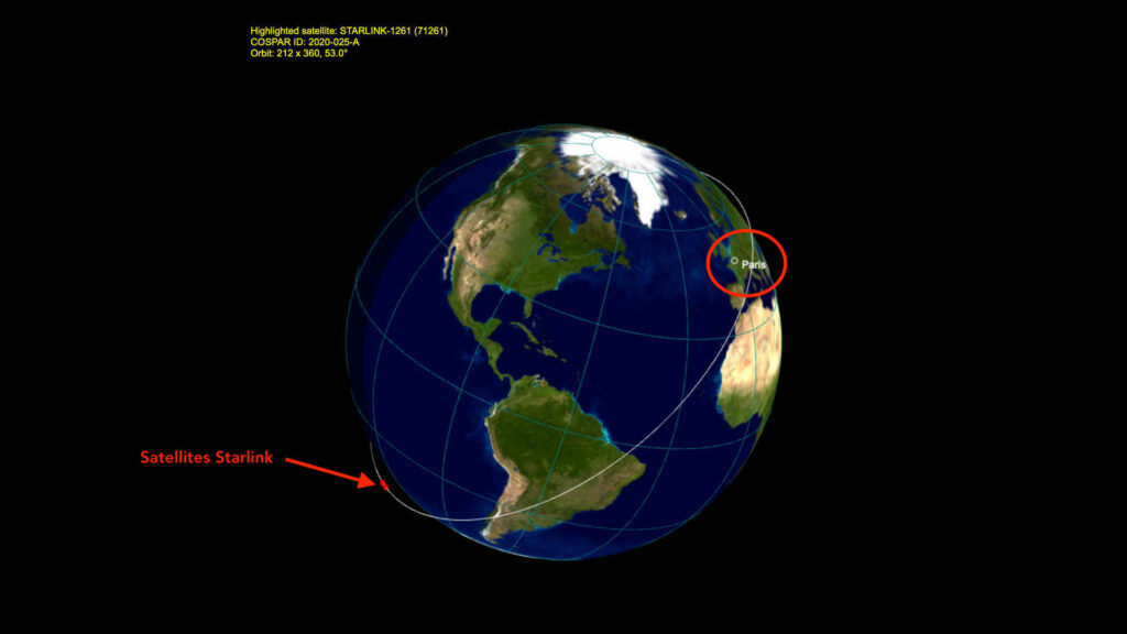 Position du train de satellites vers 16h le 24 avril 2020, par rapport à la France. // Source : Capture d'écran Heavens Above, annotations Numerama Position du train de satellites vers 16h le 24 avril 2020, par rapport à la France. // Source : Capture d'écran Heavens Above, annotations Numerama
