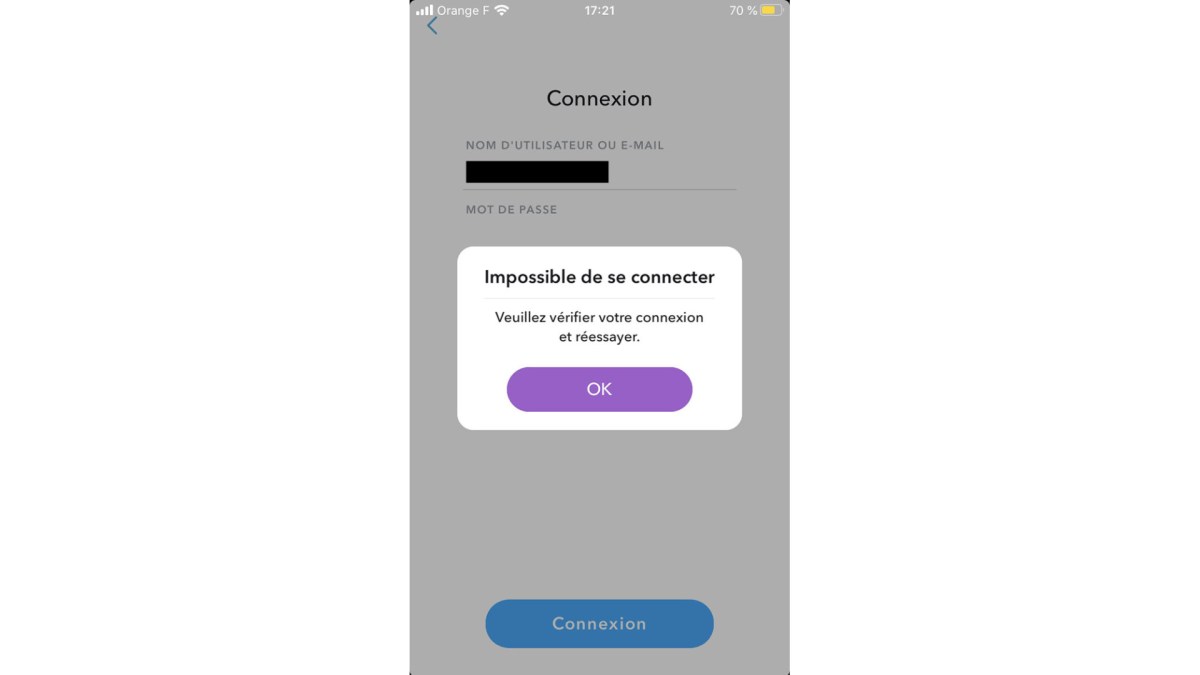 Snapchat est en panne. // Source : Capture d'écran Snapchat Snapchat est en panne. // Source : Capture d'écran Snapchat