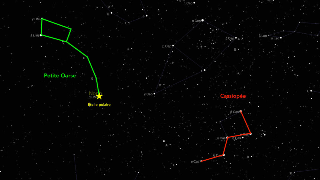 La constellation de Cassiopée est proche de l'étoile polaire. // Source : Capture d'écran The Sky Live, annotations Numerama La constellation de Cassiopée est proche de l'étoile polaire. // Source : Capture d'écran The Sky Live, annotations Numerama