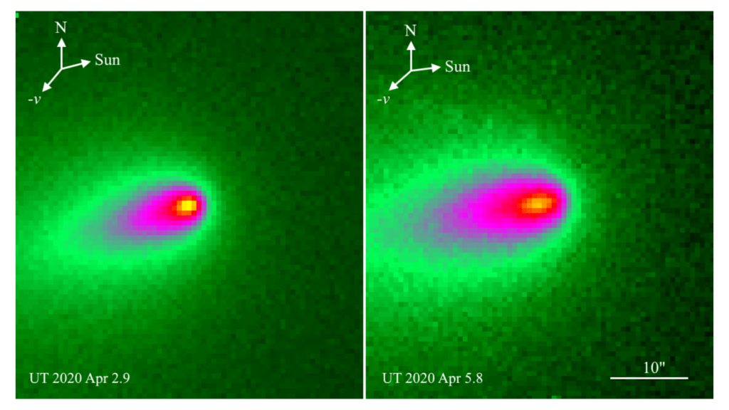 Le changement de morphologie de la comète, entre le 2 et le 5 avril 2020. // Source : The Astronomer's Telegram (photo recadrée) Le changement de morphologie de la comète, entre le 2 et le 5 avril 2020. // Source : The Astronomer's Telegram (photo recadrée)