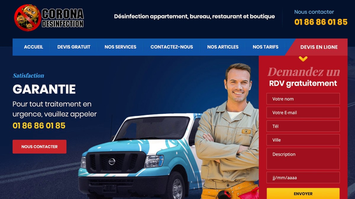 Le site corona-desinfection.fr est une copie conforme de deratisationsouris.fr // Source : Capture d'écran Numerama Le site corona-desinfection.fr est une copie conforme de deratisationsouris.fr // Source : Capture d'écran Numerama