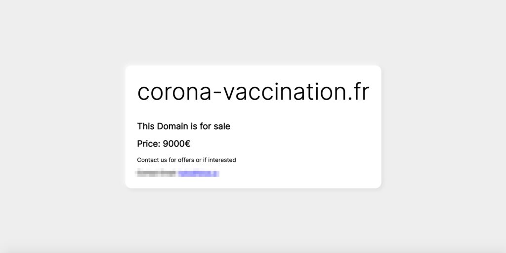 Le dépositaire de corona-vaccination.fr mets son site en vente à 9 000 euros. // Source : Capture d'écran Numerama Le dépositaire de corona-vaccination.fr mets son site en vente à 9 000 euros. // Source : Capture d'écran Numerama