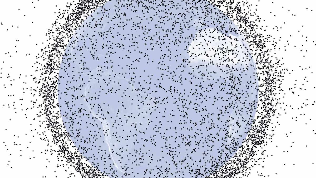 Représentation des débris spatiaux en orbite terrestre basse. // Source : Wikimedia/CC/Orbital Debris Program Office (photo recadrée) Représentation des débris spatiaux en orbite terrestre basse. // Source : Wikimedia/CC/Orbital Debris Program Office (photo recadrée)