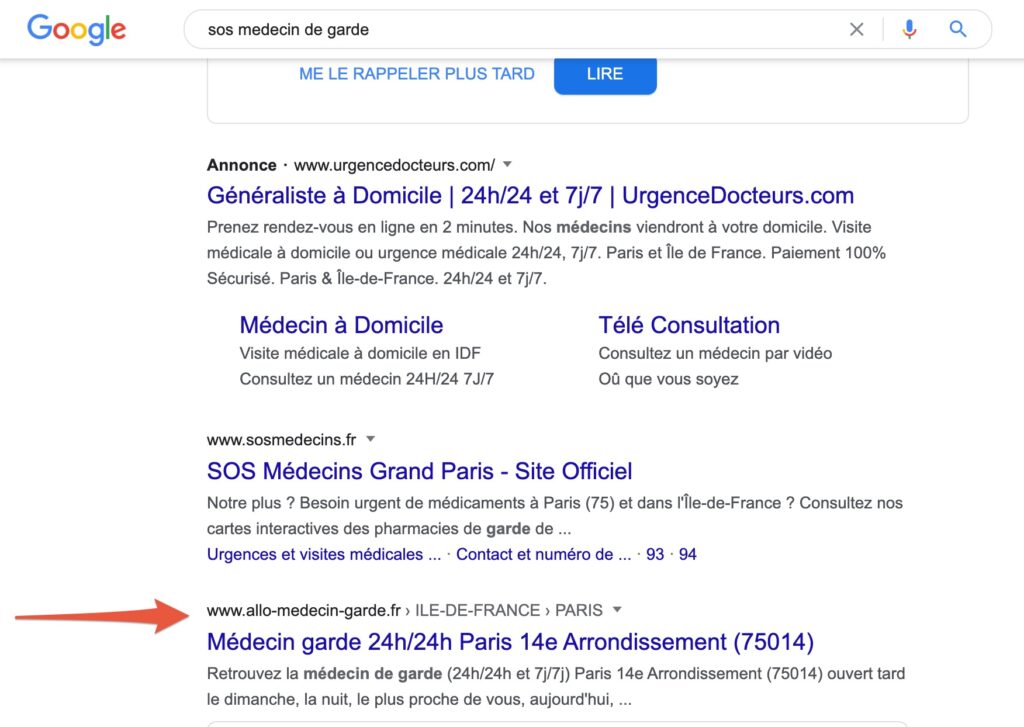 Capture d'écran d'une recherche Google "Sos médecin de garde" Capture d'écran d'une recherche Google "Sos médecin de garde"