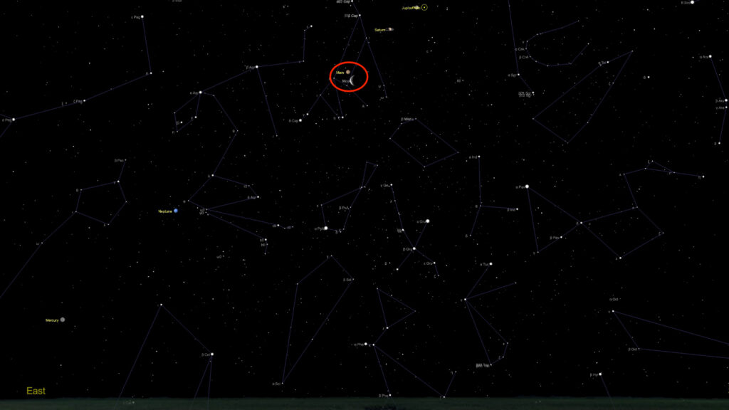 Mars, très proche de la Lune avant l'aube du 16 avril 2020. // Source : Capture d'écran The Sky Live, annotation Numerama Mars, très proche de la Lune avant l'aube du 16 avril 2020. // Source : Capture d'écran The Sky Live, annotation Numerama