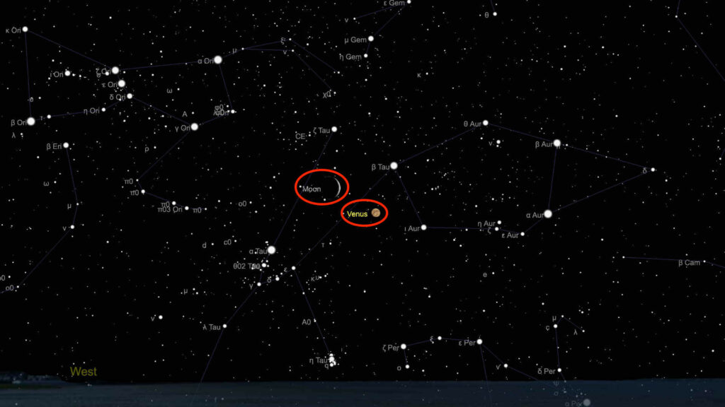 La Lune et Vénus le soir du 26 avril 2020. // Source : Capture d'écran The Sky Live, annotations Numerama La Lune et Vénus le soir du 26 avril 2020. // Source : Capture d'écran The Sky Live, annotations Numerama