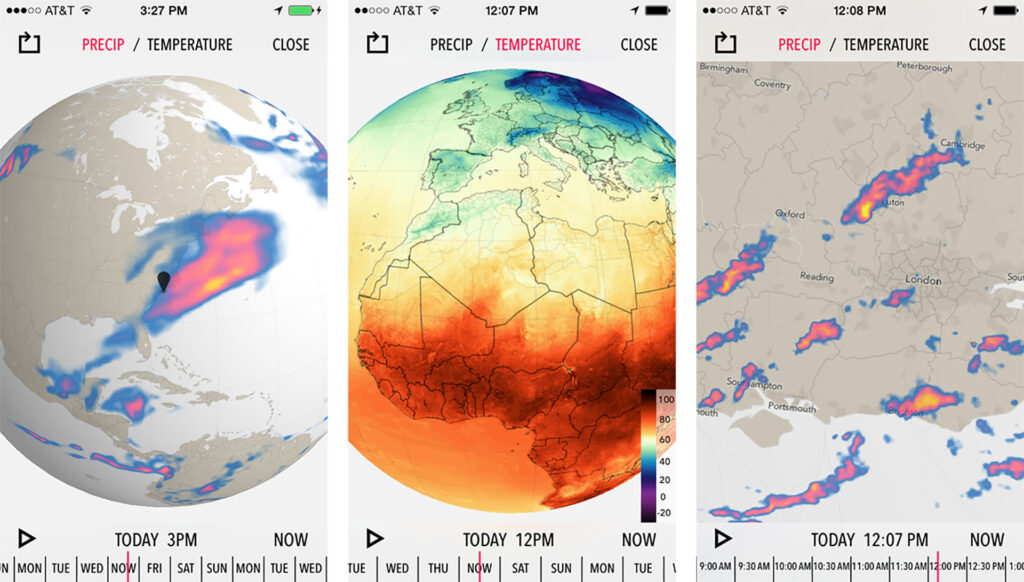 Dark Sky propose une visualisation du globe avec les précipitations et les températures. // Source : Dark Sky Dark Sky propose une visualisation du globe avec les précipitations et les températures. // Source : Dark Sky