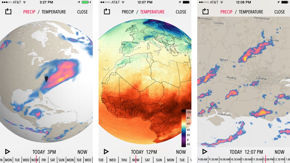 Dark Sky propose une visualisation du globe avec les précipitations et les températures. // Source : Dark Sky Dark Sky propose une visualisation du globe avec les précipitations et les températures. // Source : Dark Sky