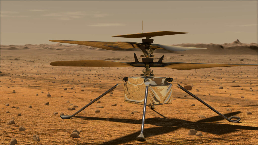 Vue d'artiste d'Ingenuity sur Mars. // Source : NASA/JPL-Caltech (photo recadrée) Vue d'artiste d'Ingenuity sur Mars. // Source : NASA/JPL-Caltech (photo recadrée)