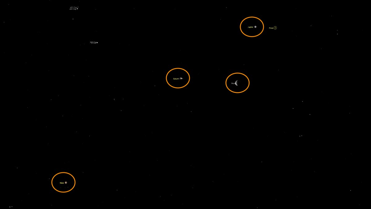 Une belle conjonction à voir le 15 avril 2020. // Source : Capture d'écran The Sky Live, annotations Numerama Une belle conjonction à voir le 15 avril 2020. // Source : Capture d'écran The Sky Live, annotations Numerama