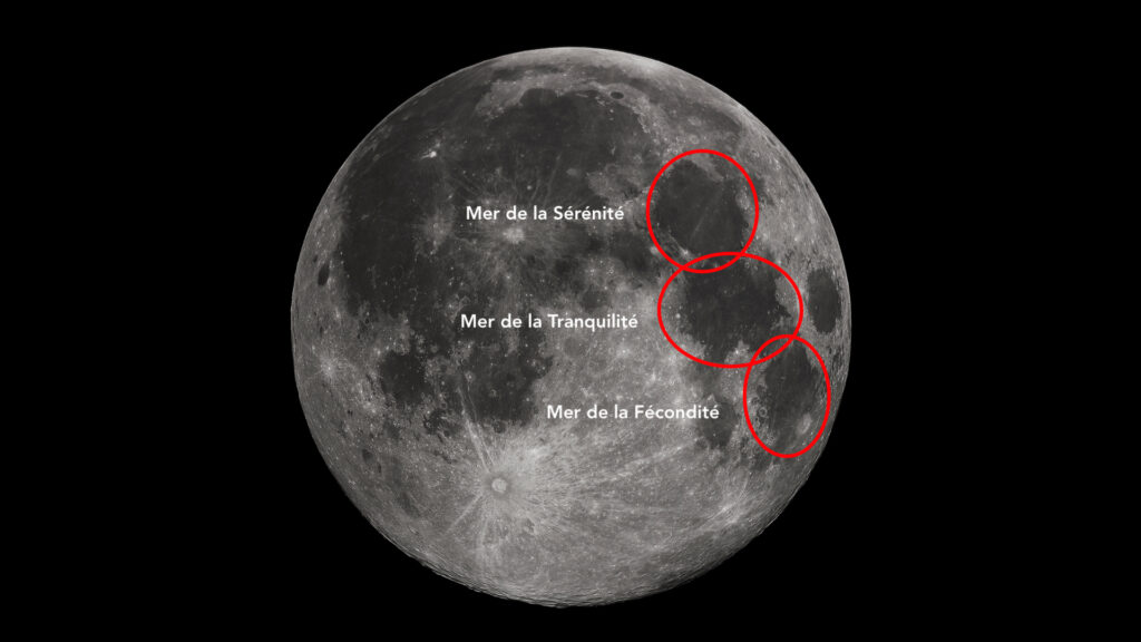 Trois mers lunaires proches les unes des autres. // Source : Wikimedia/CC/Gregory H. Revera (photo recadrée et annotée) Trois mers lunaires proches les unes des autres. // Source : Wikimedia/CC/Gregory H. Revera (photo recadrée et annotée)