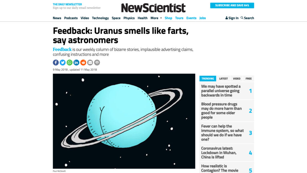 Un article sur Uranus publié en 2018. // Source : Capture d'écran NewScientist Un article sur Uranus publié en 2018. // Source : Capture d'écran NewScientist
