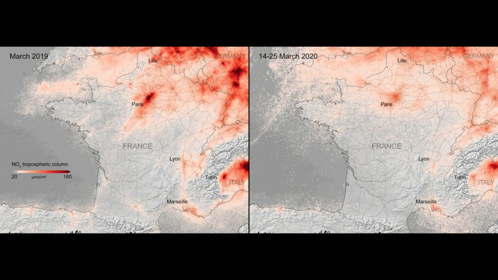 À gauche, la concentration en mars 2019 ; à droite, en 2020. // Source : Agence spatiale européenne