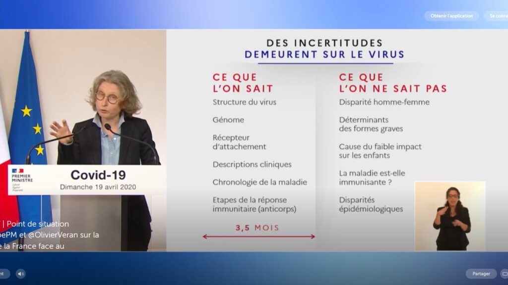 Intervention de la professeur Florence Ader pendant le point presse du Premier ministre le 21 avril Intervention de la professeur Florence Ader pendant le point presse du Premier ministre le 21 avril