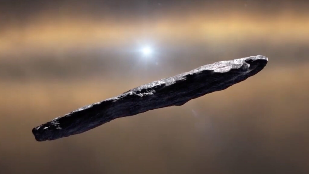 Vue d'artiste d'Oumuamua. // Source : Capture d'écran YouTube Thiton Pléiades Vue d'artiste d'Oumuamua. // Source : Capture d'écran YouTube Thiton Pléiades