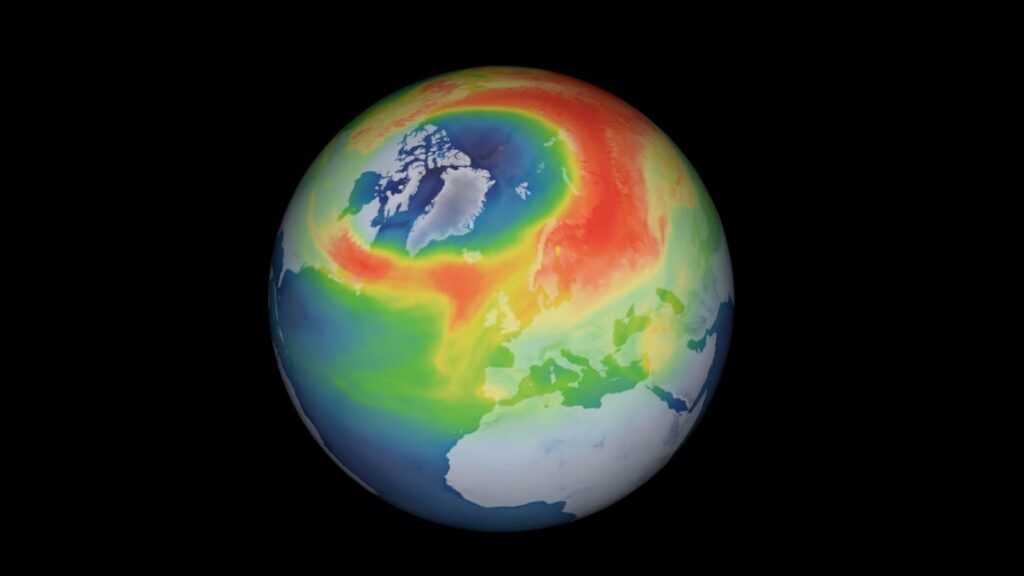 Le « trou » qui s'est formé au printemps 2020 est visible sur cette représentation satellite. // Source : Agence spatiale européenne Le « trou » qui s'est formé au printemps 2020 est visible sur cette représentation satellite. // Source : Agence spatiale européenne