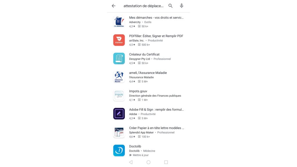 Les applications générant des attestations de déplacement ne sont plus disponibles sur le Play Store Android // Source : Capture d'écran Numerama Les applications générant des attestations de déplacement ne sont plus disponibles sur le Play Store Android // Source : Capture d'écran Numerama