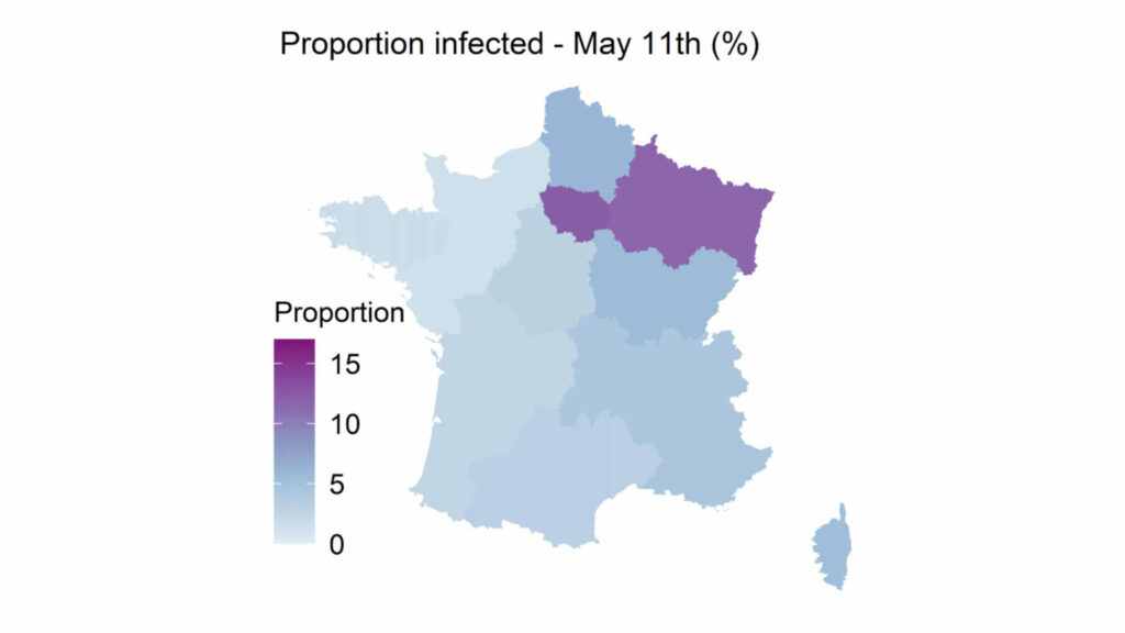 Projection du taux d'infection de la population à Covid-19 au 11 mai // Source : Institut Pasteur Projection du taux d'infection de la population à Covid-19 au 11 mai // Source : Institut Pasteur