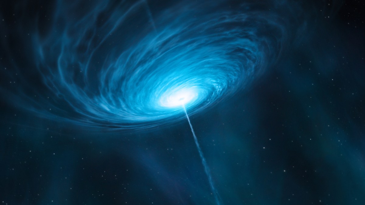 Vue d'artiste du quasar 3C 279. // Source : ESO/M. Kornmesser (photo recadrée) Vue d'artiste du quasar 3C 279. // Source : ESO/M. Kornmesser (photo recadrée)