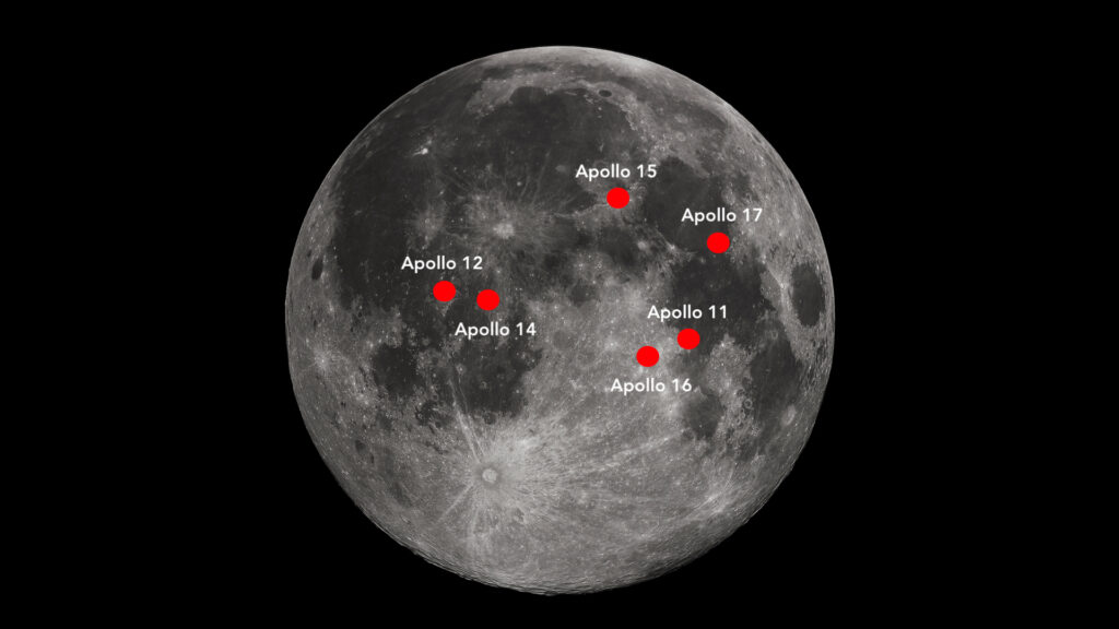 Les sites d'atterrissage des missions habitées sur la Lune. // Source : Wikimedia/CC/Gregory H. Revera (photo recadrée et annotée) Les sites d'atterrissage des missions habitées sur la Lune. // Source : Wikimedia/CC/Gregory H. Revera (photo recadrée et annotée)