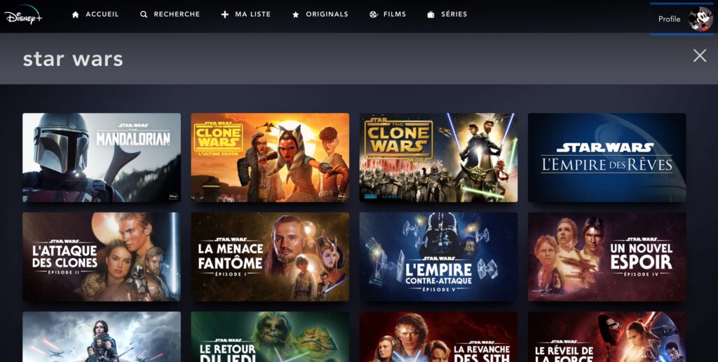 Une recherche "Star Wars" dans Disney+ France // Source : Capture Numerama Une recherche "Star Wars" dans Disney+ France // Source : Capture Numerama