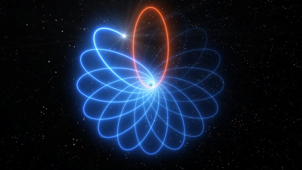 Vue d'artiste : le mouvement de l'étoile est en forme de rosette. // Source : ESO/L. Calçada (photo recadrée) Vue d'artiste : le mouvement de l'étoile est en forme de rosette. // Source : ESO/L. Calçada (photo recadrée)