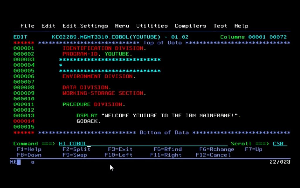 Du code en Cobol // Source : COBOLnotCOBALT sur YouTube Du code en Cobol // Source : COBOLnotCOBALT sur YouTube