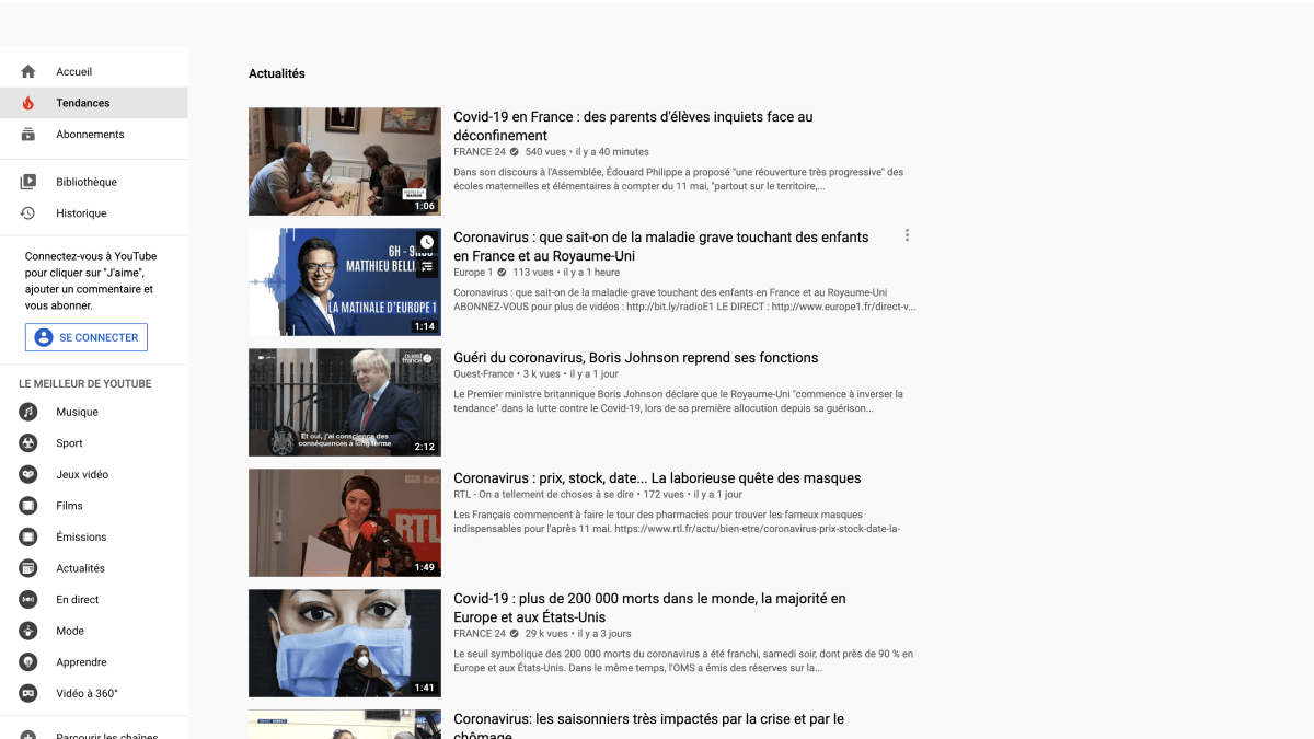 YouTube actualités // Source : Capture d'écran Numerama YouTube actualités // Source : Capture d'écran Numerama