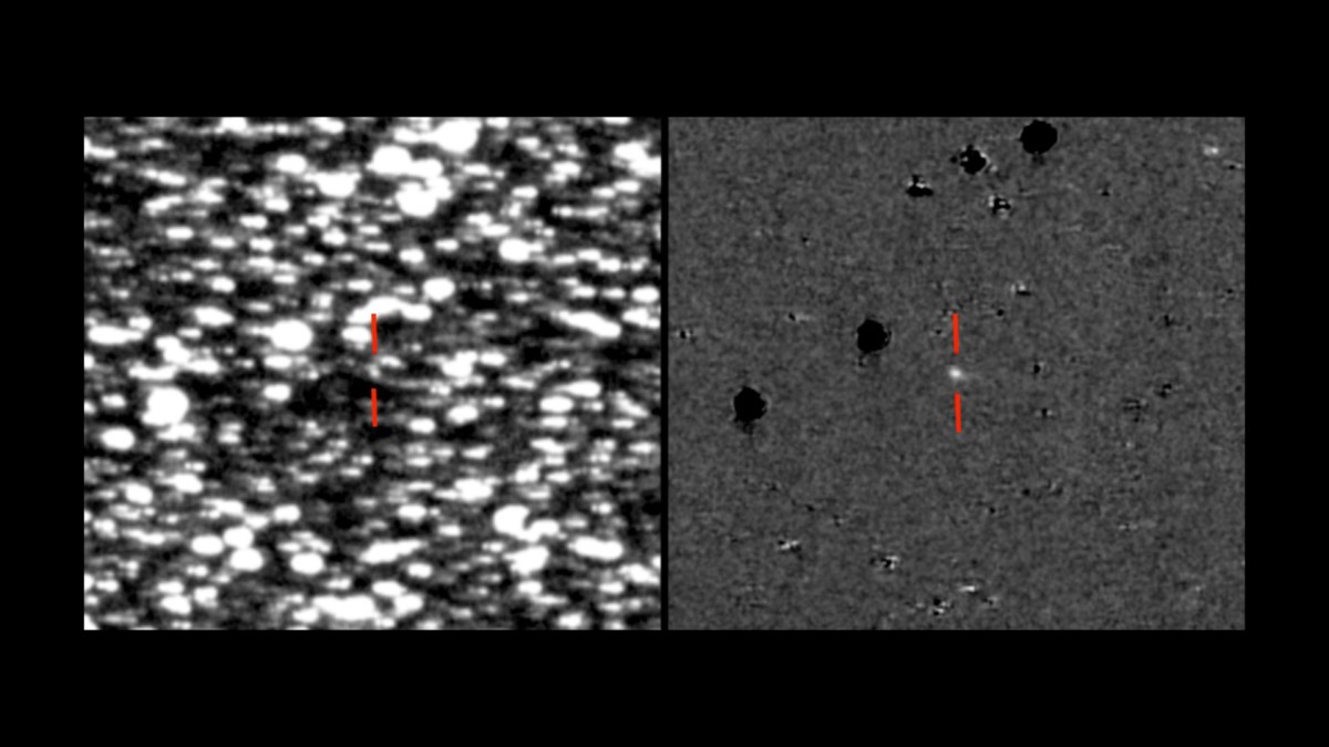 L'astéroïde 2019 LD2 en juin 2019. Il s'agit de la même image : à droite, les étoiles ont été effacées. // Source : ATLAS/A. Heinze/IfA (photo recadrée) L'astéroïde 2019 LD2 en juin 2019. Il s'agit de la même image : à droite, les étoiles ont été effacées. // Source : ATLAS/A. Heinze/IfA (photo recadrée)