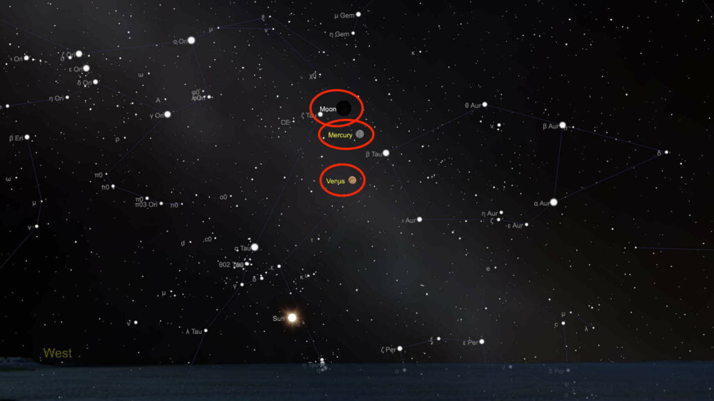 Conjonction entre la Lune, Mercure et Vénus le soir du 24 mai. // Source : Capture d'écran The SkyLive, annotations Numerama Conjonction entre la Lune, Mercure et Vénus le soir du 24 mai. // Source : Capture d'écran The SkyLive, annotations Numerama