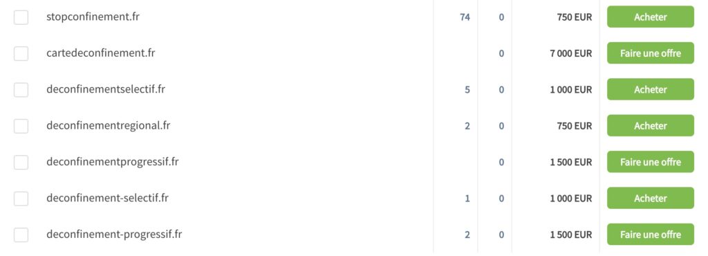 Les noms de domaine avec « déconfinement » en vente // Source : Capture d'écran Numerama Les noms de domaine avec « déconfinement » en vente // Source : Capture d'écran Numerama