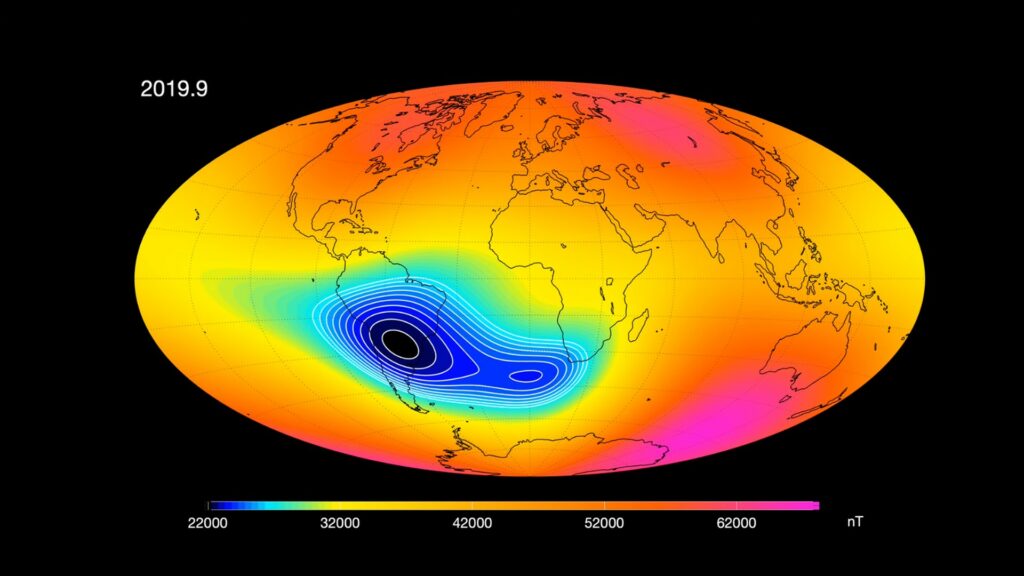 Cette image satellite montre clairement le deuxième centre en train de se former à l'Est. // Source : Division of Geomagnetism, DTU Space Cette image satellite montre clairement le deuxième centre en train de se former à l'Est. // Source : Division of Geomagnetism, DTU Space