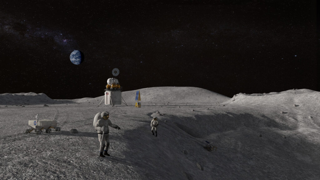 Vue d'artiste de la mission Artémis sur la Lune. // Source : Wikimedia/CC/Nasa Vue d'artiste de la mission Artémis sur la Lune. // Source : Wikimedia/CC/Nasa