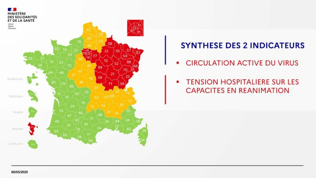 Carte du déconfinement à la date du 6 mai // Source : Twitter/Ministère de la Santé Carte du déconfinement à la date du 6 mai // Source : Twitter/Ministère de la Santé