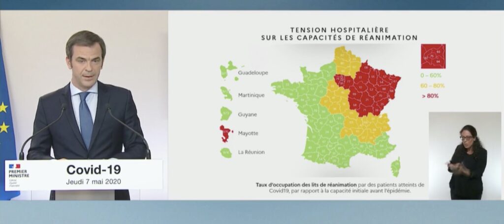 Carte de la tension hospitalière au 7 mai. // Source : Gouvernement Carte de la tension hospitalière au 7 mai. // Source : Gouvernement