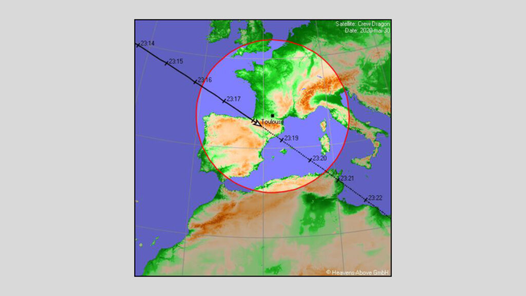 Trajectoire au sol pour le 30 mai, par rapport à la ville de Toulouse. // Source : Heavens Above Trajectoire au sol pour le 30 mai, par rapport à la ville de Toulouse. // Source : Heavens Above