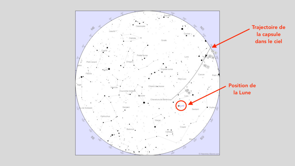 Trajectoire de la capsule dans le ciel le 30 mai, vue de Toulouse. // Source : Heavens Above, annotations Numerama Trajectoire de la capsule dans le ciel le 30 mai, vue de Toulouse. // Source : Heavens Above, annotations Numerama