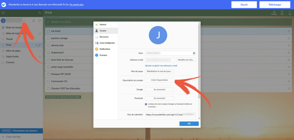 export compte Wunderlist export compte Wunderlist