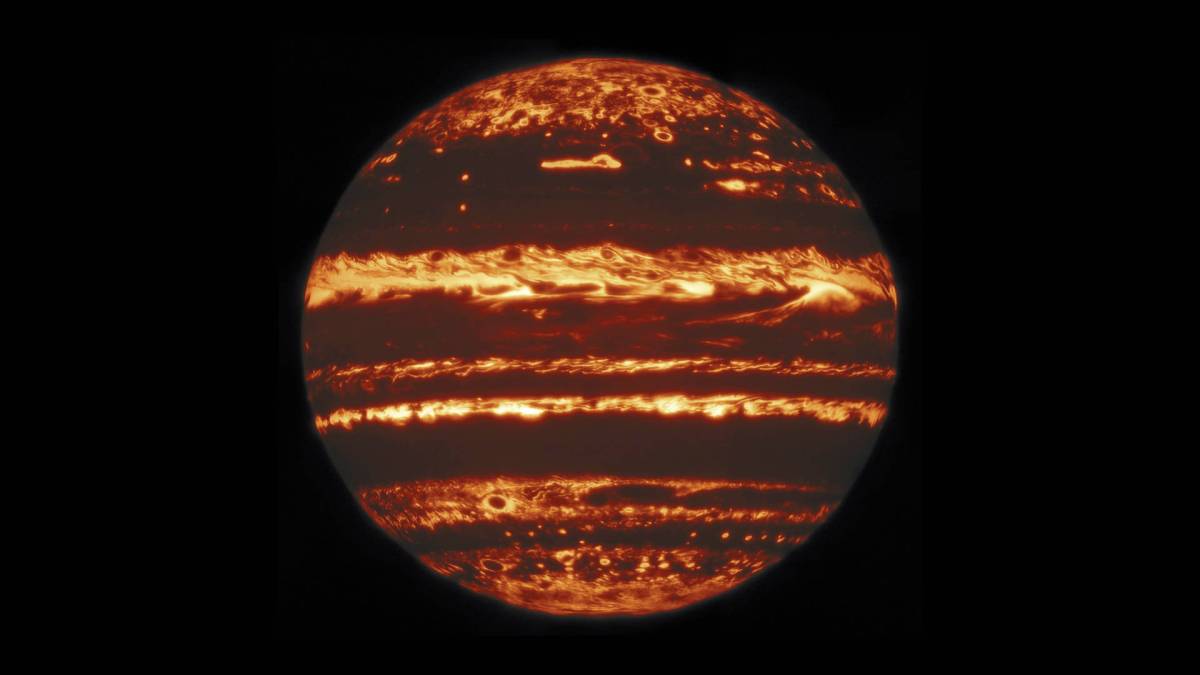 Jupiter en infrarouge. // Source : International Gemini Observatory/NOIRLab/NSF/AURA M.H. Wong (UC Berkeley) and team (photo recadrée) Jupiter en infrarouge. // Source : International Gemini Observatory/NOIRLab/NSF/AURA M.H. Wong (UC Berkeley) and team (photo recadrée)