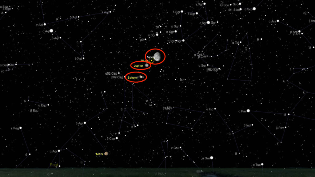 La Lune, Saturne et Jupiter dans la nuit du 11 au 12 mai 2020. // Source : Capture d'écran The Sky Live, annotations Numerama La Lune, Saturne et Jupiter dans la nuit du 11 au 12 mai 2020. // Source : Capture d'écran The Sky Live, annotations Numerama