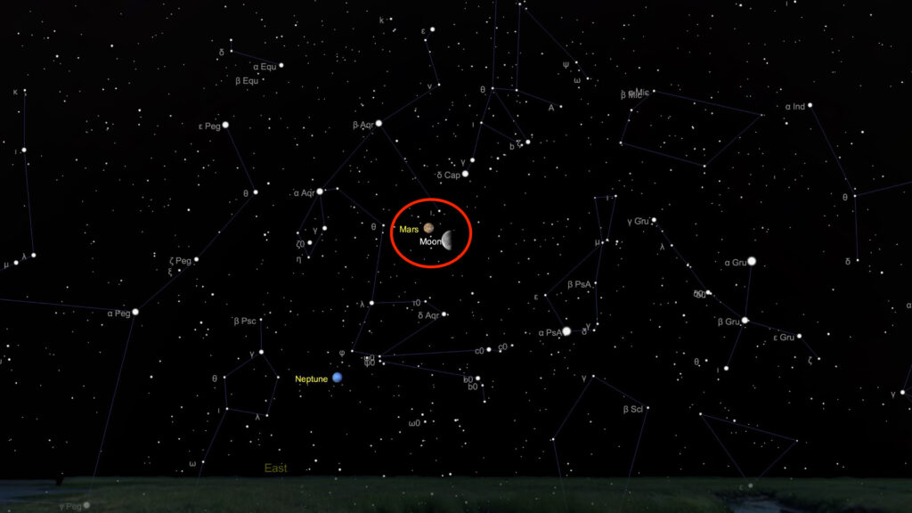 Conjonction entre la Lune et Mars vers 4h30 le 15 mai 2020. // Source : Capture d'écran The Sky Live, annotations Numerama Conjonction entre la Lune et Mars vers 4h30 le 15 mai 2020. // Source : Capture d'écran The Sky Live, annotations Numerama