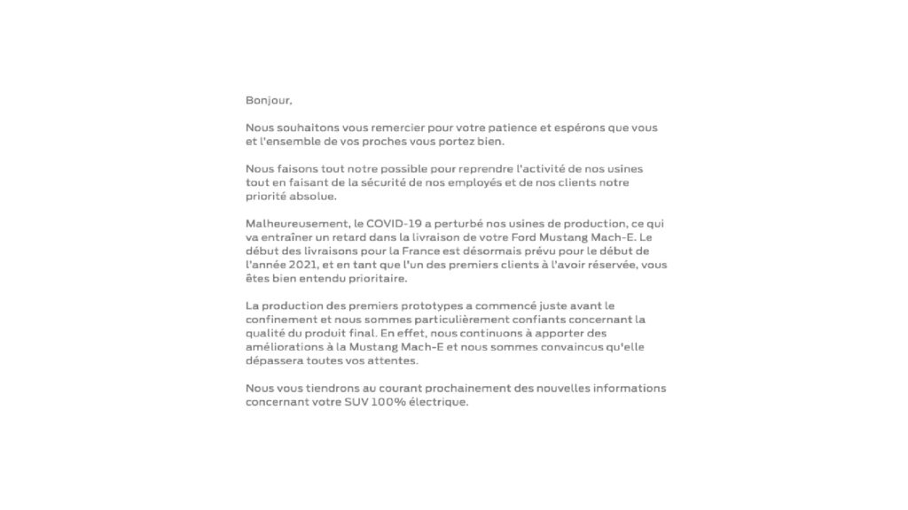 Mail annonçant le retard du Ford Mach-E // Source : Forums Mach-E Mail annonçant le retard du Ford Mach-E // Source : Forums Mach-E